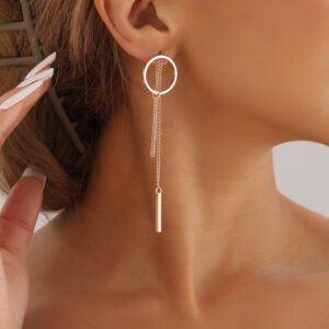 Fashionable Light Luxury Geometric Hollow Long Tassel Droop Earrings with Circle Pendant