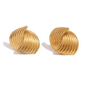 Retro 18K Gold Geometric Fan-shaped Striped Cross Stud Earrings
