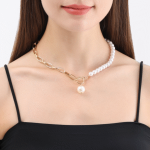 Imitation Pearl Splicing with Metal Chain Necklace with OT Clasp