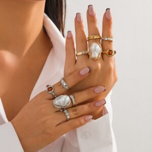 Baroque Pearl Flower Gemstone 6 Pieces Ring Set
