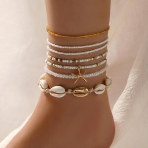 Beach Shell Silver Rice Bead Anklet Set