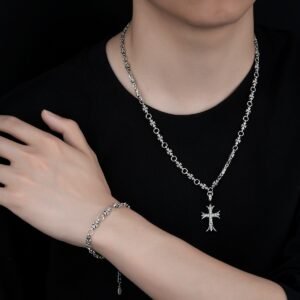 White Gold Cross Bracelet and Necklace Set with Diamonds