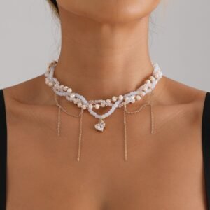 Multi-Layer Crystal Heart Tassel Choker