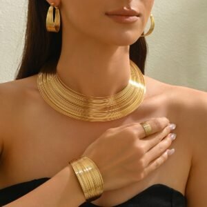 Multi-layered Metal Hoop Necklace, Ring, Earrings, Bracelet Jewelry Set