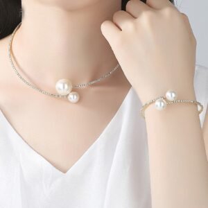 Single Row Pearl & Zircon Choker Bracelet Set